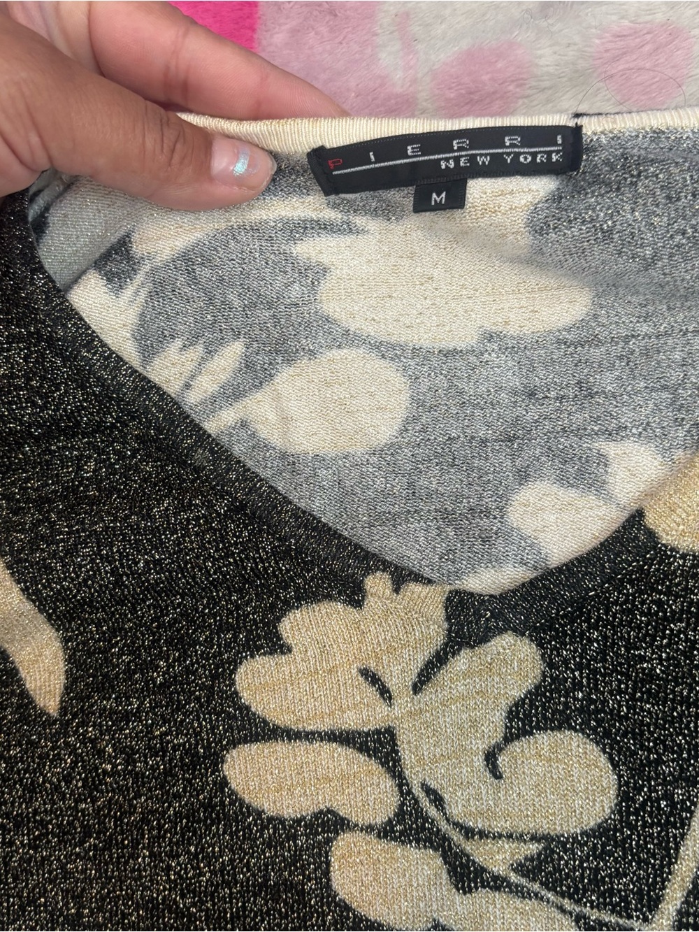 Pierri New York Metallic Floral V-Neck Blouse - Black & Cream - Picture 2 of 5